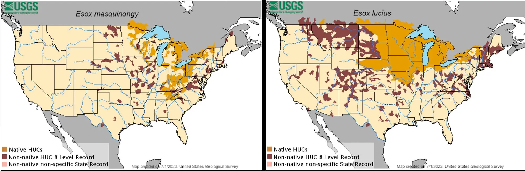 maps showing the range of muskie vs pike