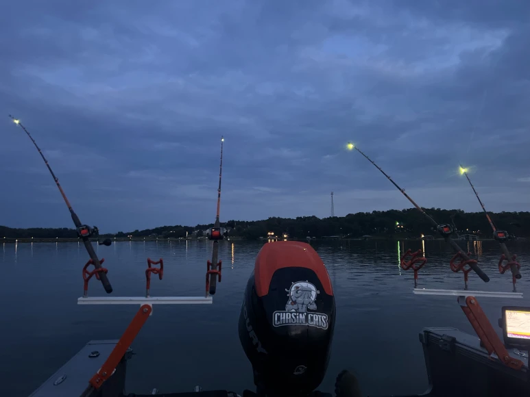 Four fishing rods rig in rod holders on the stern of a boat with lights attached.