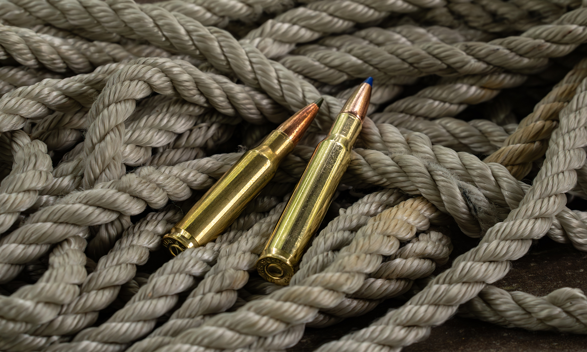 308 vs 30-06  cartridges resting on a bundle of rope.