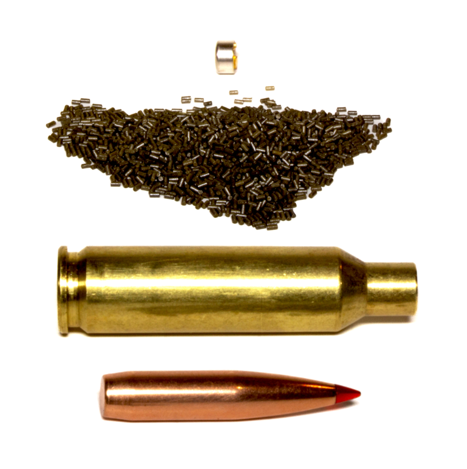 The four basic parts of ammunition—primer, powder, case, and projectile—on a white background.