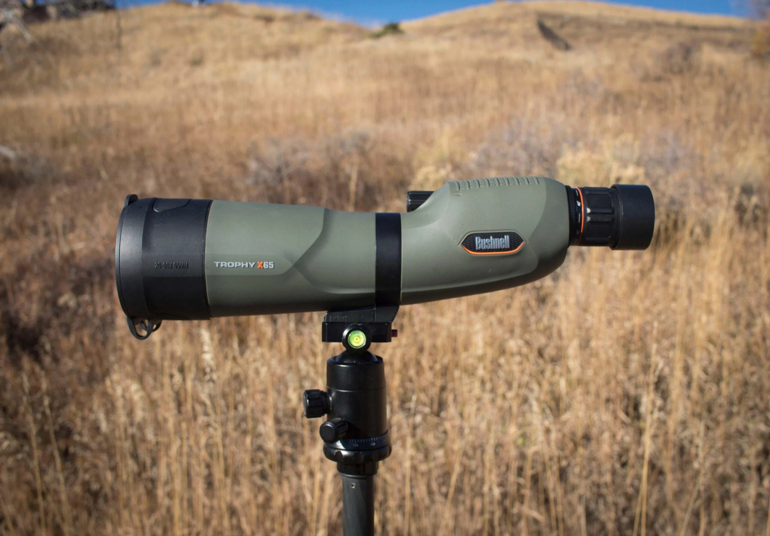 Bushnell TrophyX spotting scope with brown grass in background