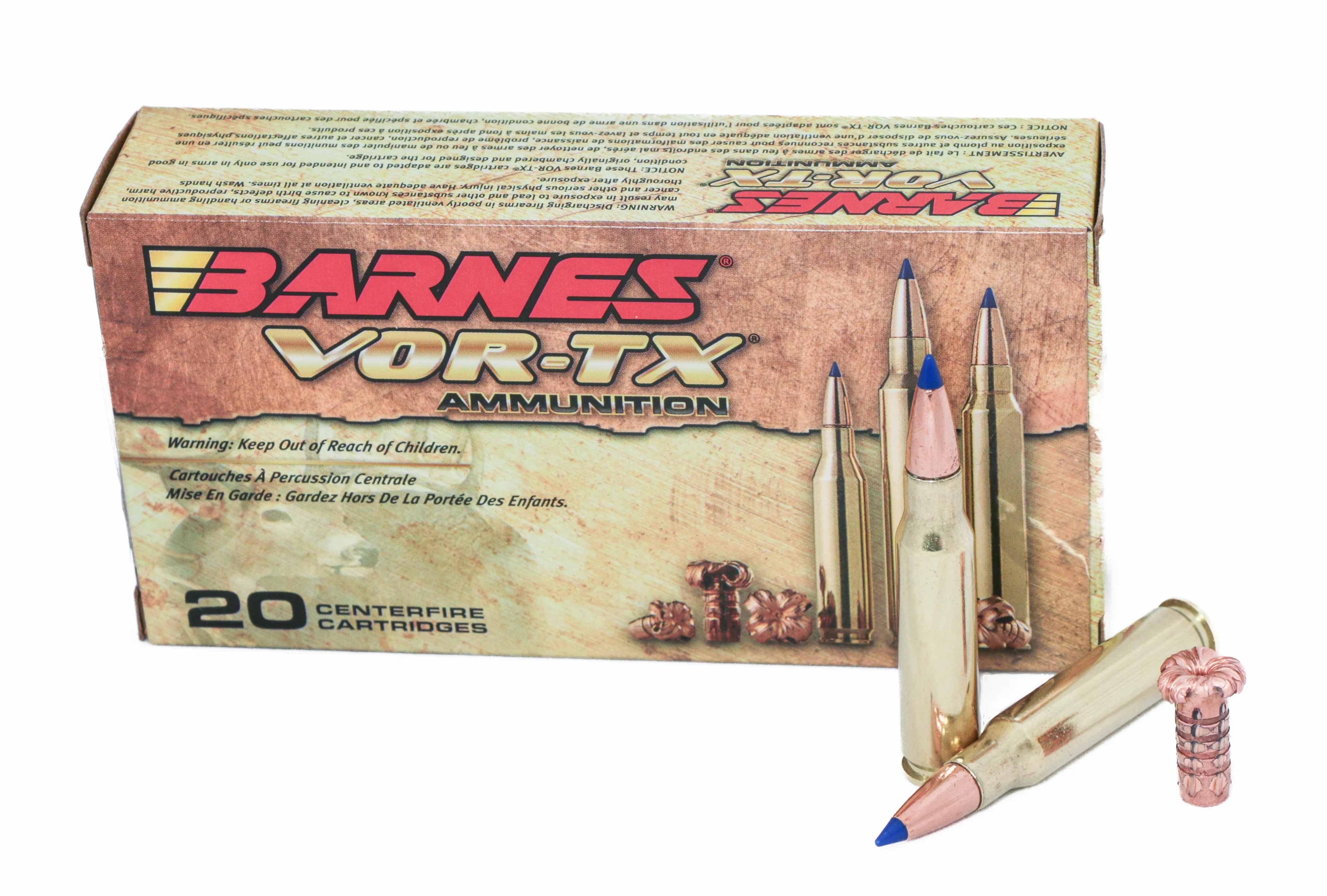 Barnes 150-grain 308 Winchester Tipped Triple Shock ammo on a white background.