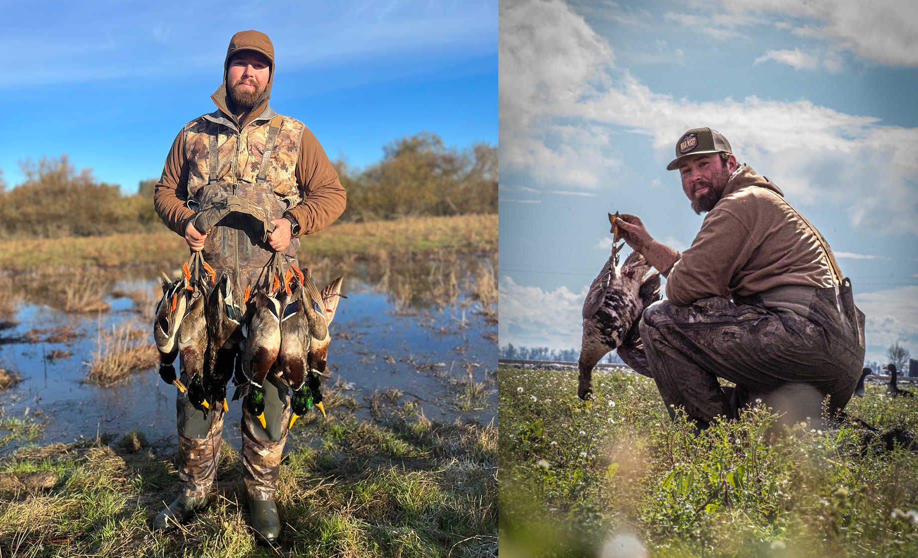 Collage of waterfowl hunter holding ducks and geese