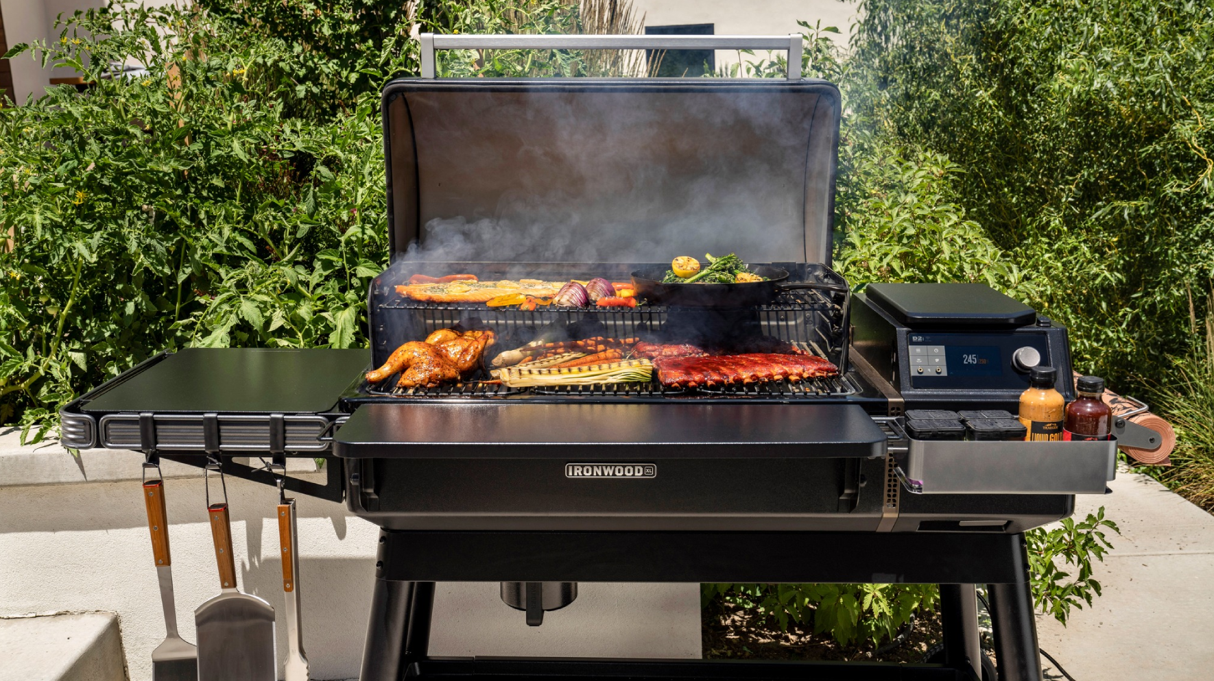 Traeger Pellet Grill and Smoker with food on Memorial Day