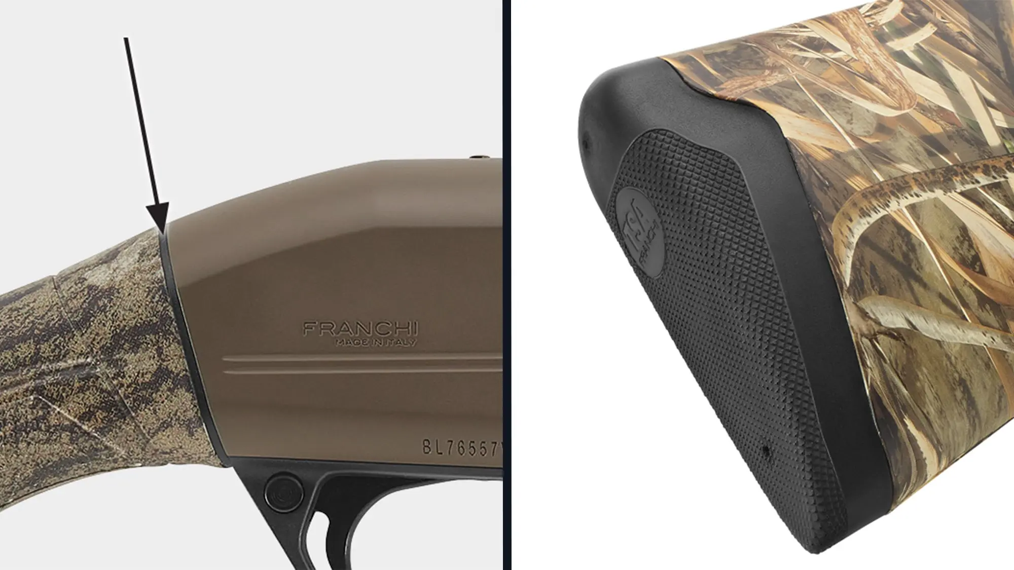 Closeup photos of the new Franchi Affinity 3 Sport Trap shotgun's adjustable stock and recoil pad.