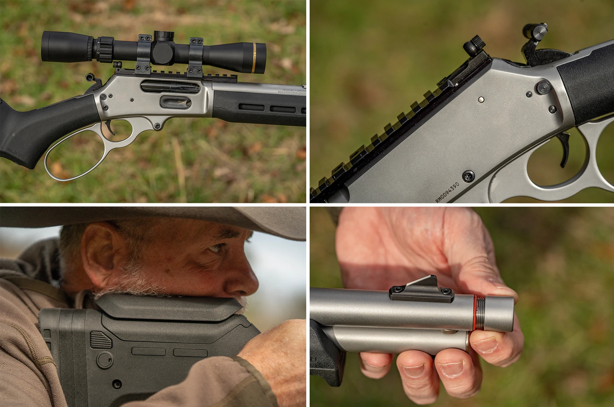 Grid of closeup photos showing the Marlin 1895 Trapper Magpul's reciever, sights, comb, and threaded muzzle. 