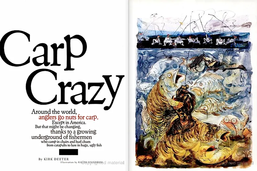 Clipping of an article from Field & Stream magazine showing an illustration of carp fishing.