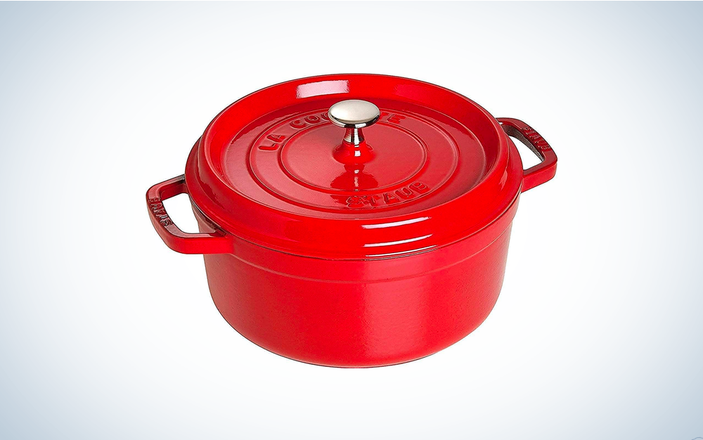 Staub 4 Quart on blue and white background