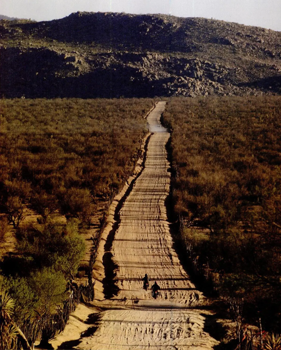 photo clipped from magazine of long dusty road with motorcyclists on it