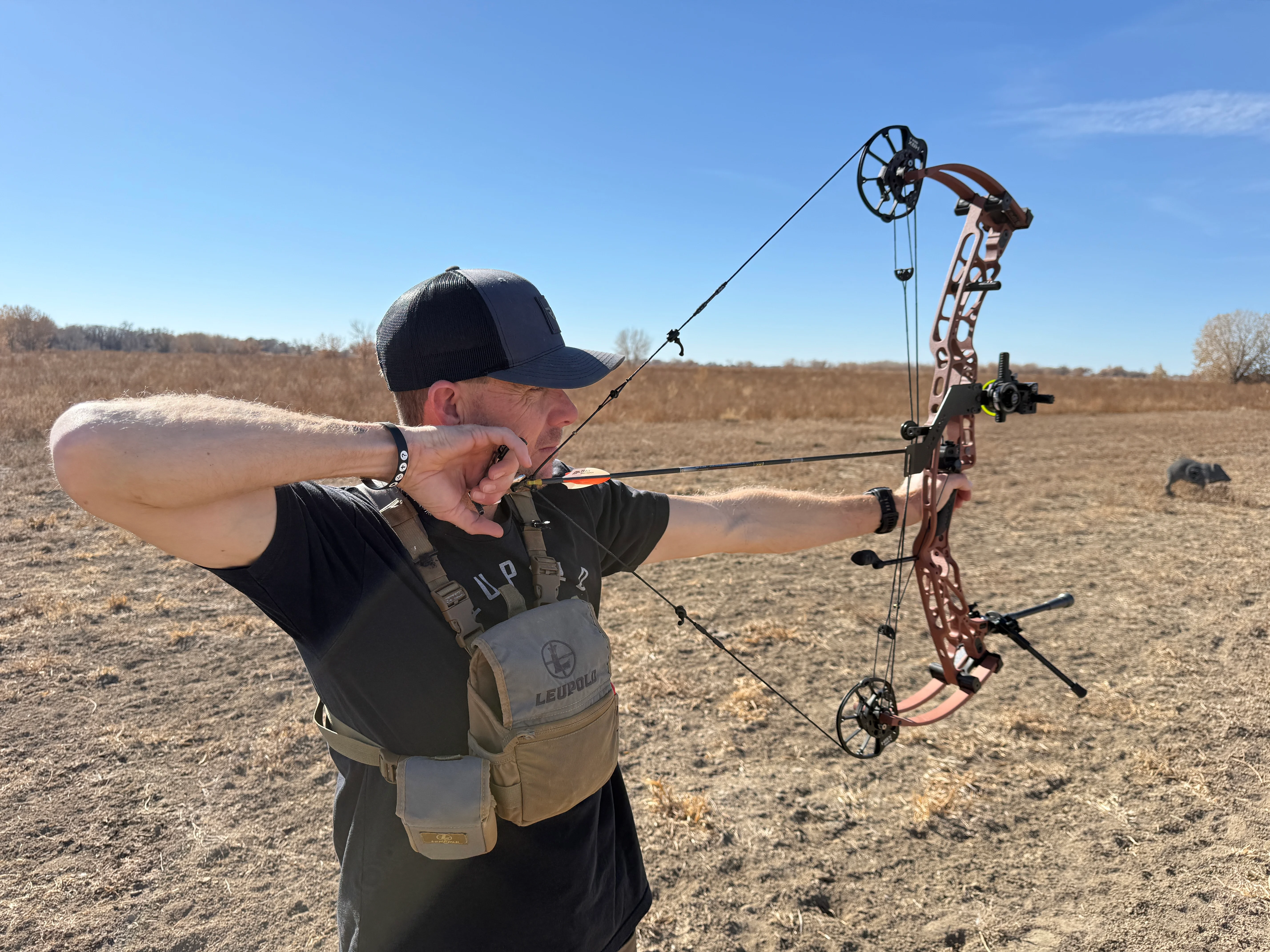 An archer prepares to shoot the new Hoyt Alpha X-3 compound bow on an outdoor range. 