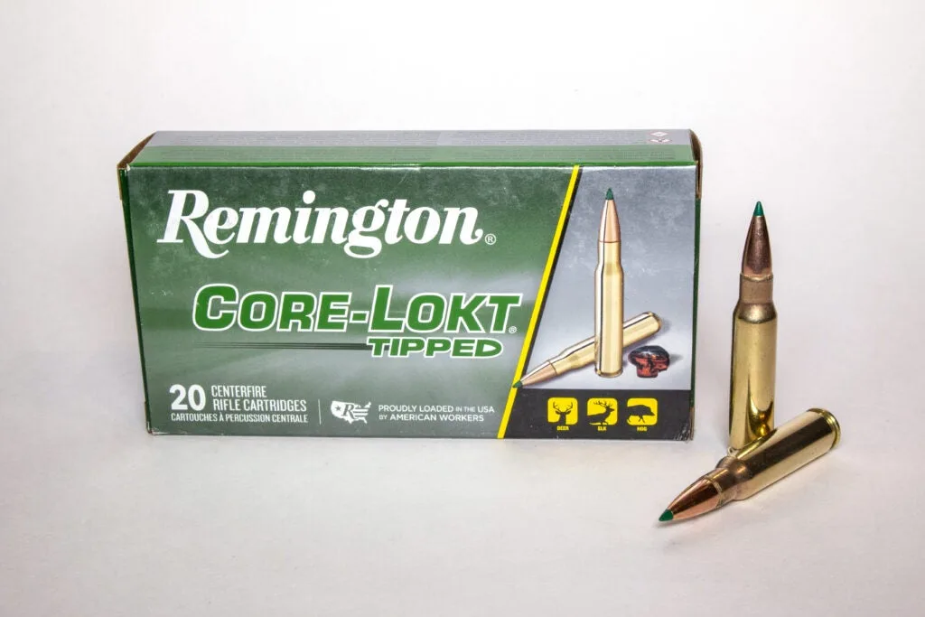 Box of Remington Core-Lokt Tipped with two cartridges.