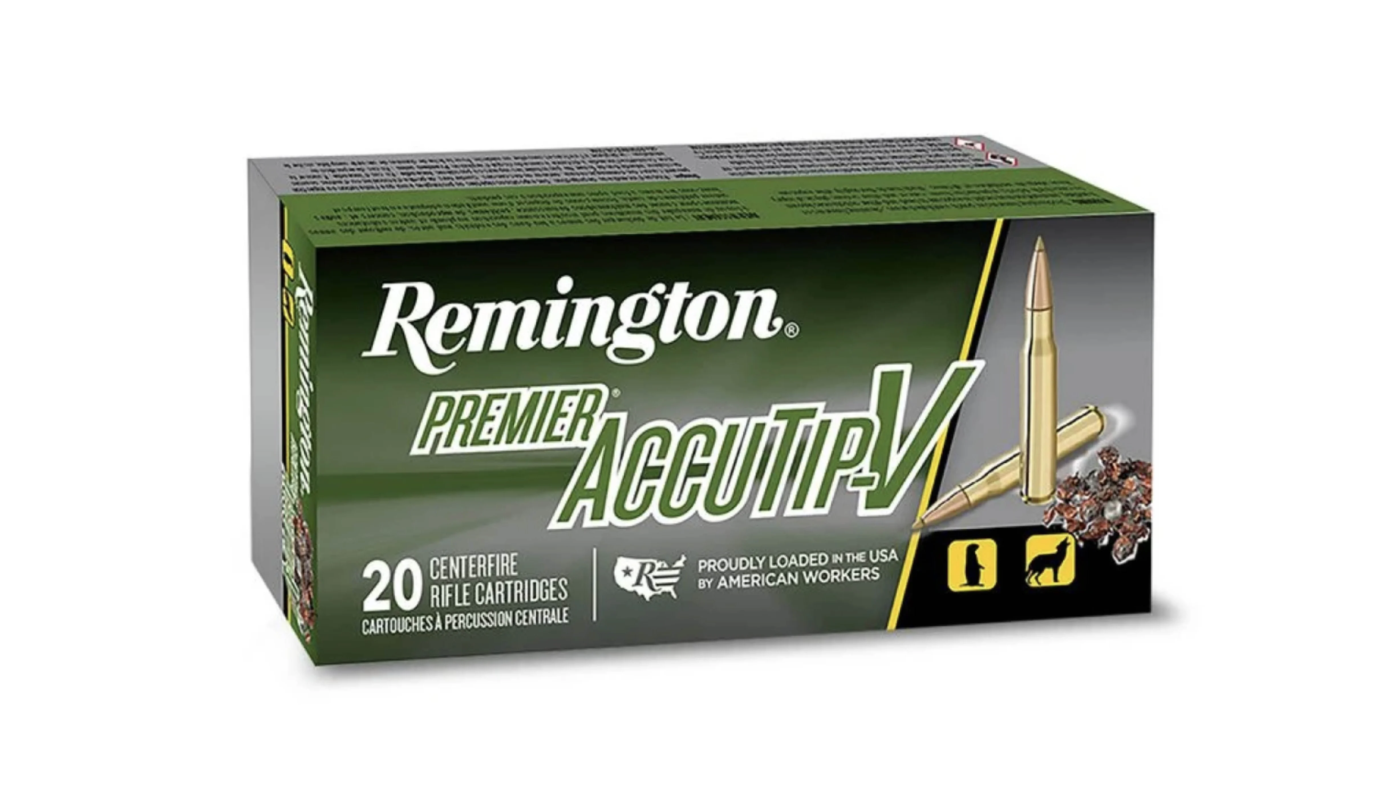 Remington 22-250 varmint ammo on a white background. 