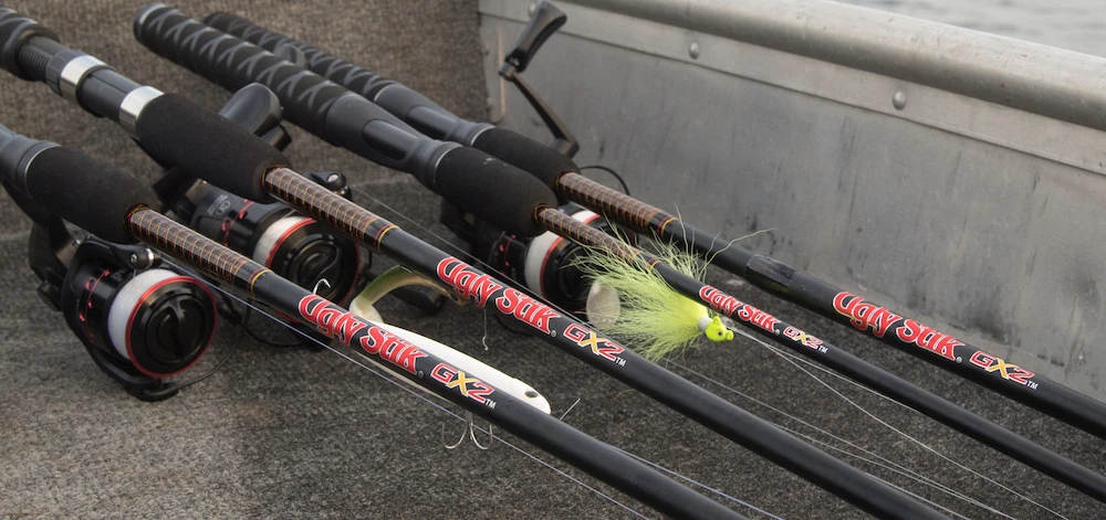 Ugly Stik fishing rods lined up in boat