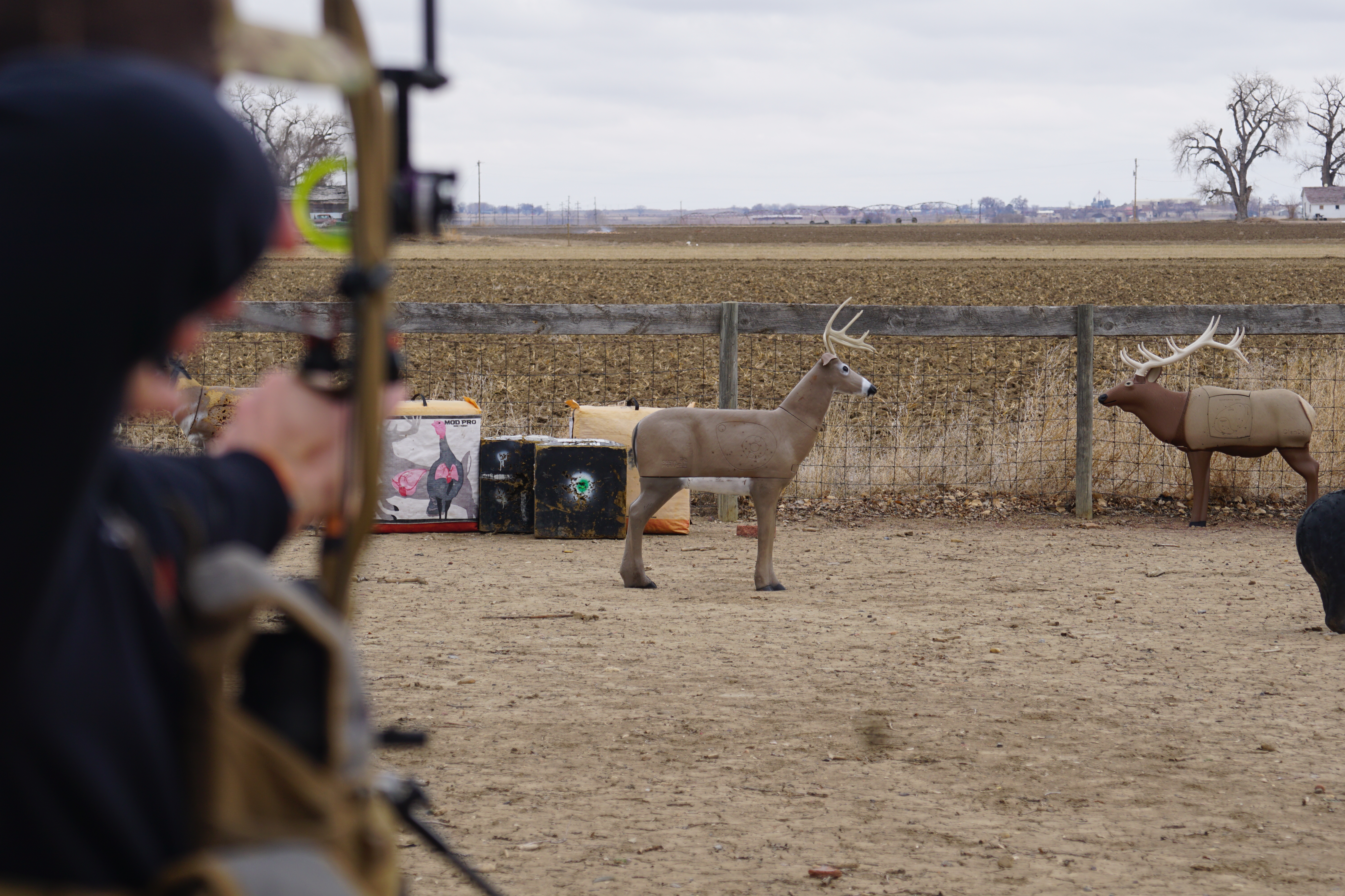 Hunter shooting archery target