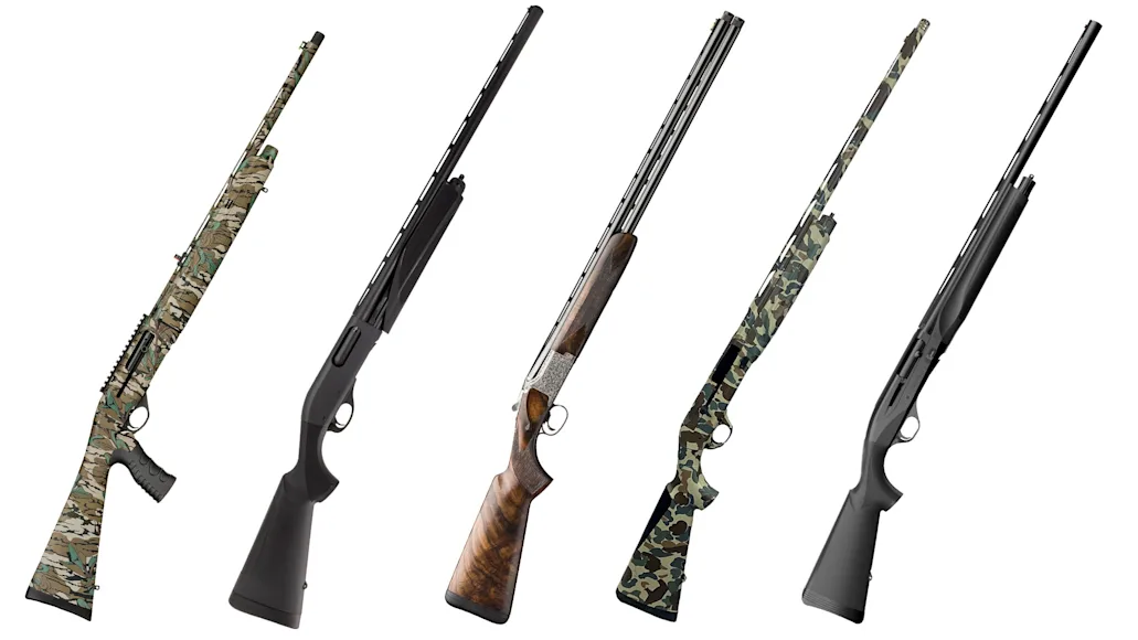 row of shotguns on white background