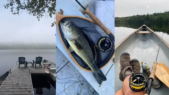 wooden dock with boat on foggy pond; bass in a net next to a fly rod and reel; bow of boat with fishing rod, boots, and beer visible in foreground