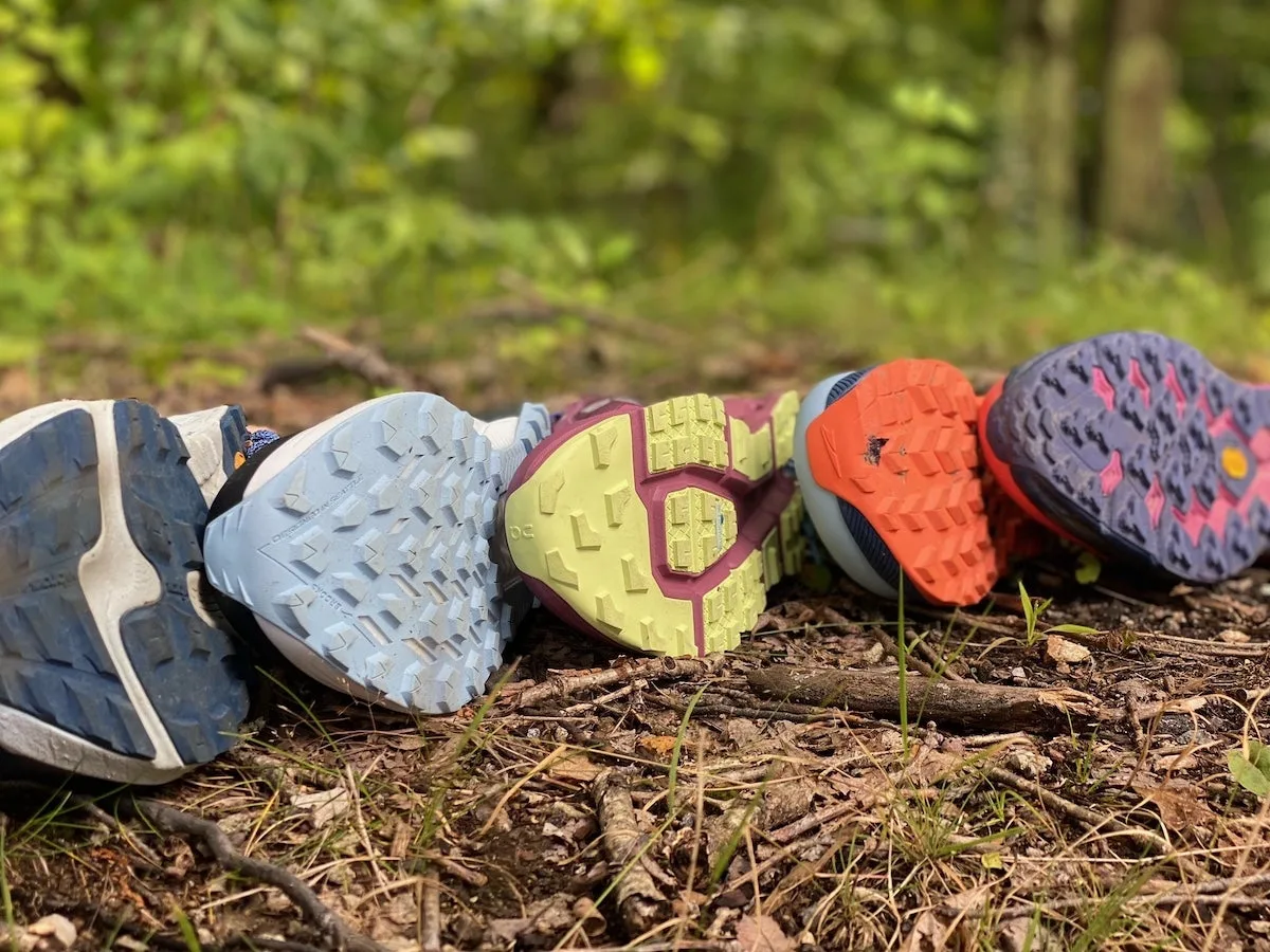 Treads on the best trail running shoes lined up