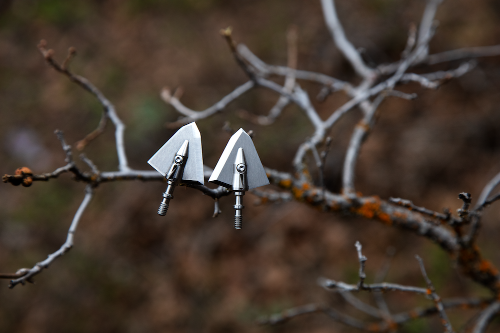 Iron Will Single Bevel Broadheads sitting on tree branch