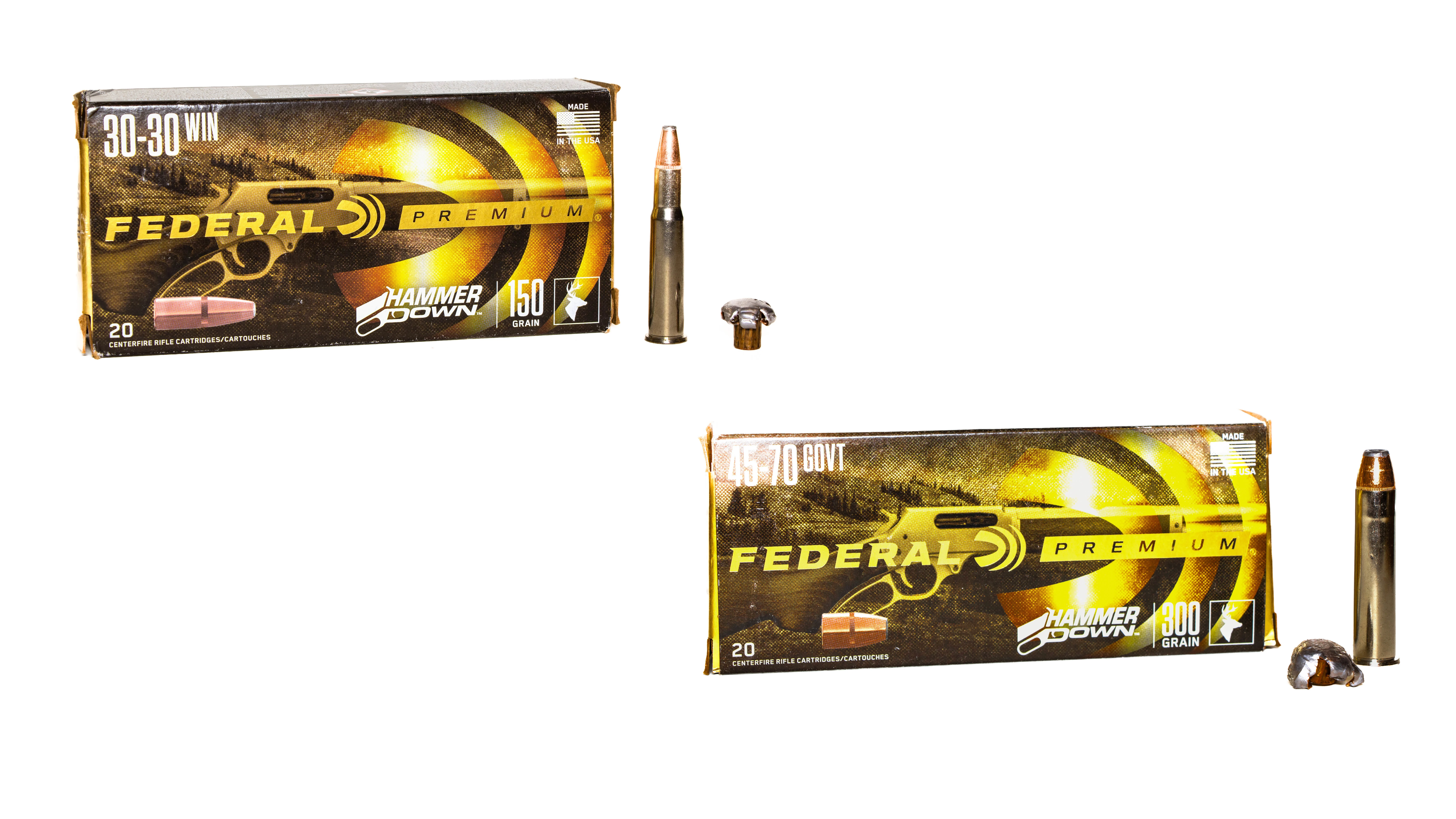 Federal HammerDown ammunition in 30-30 and 45-70 on a white background.