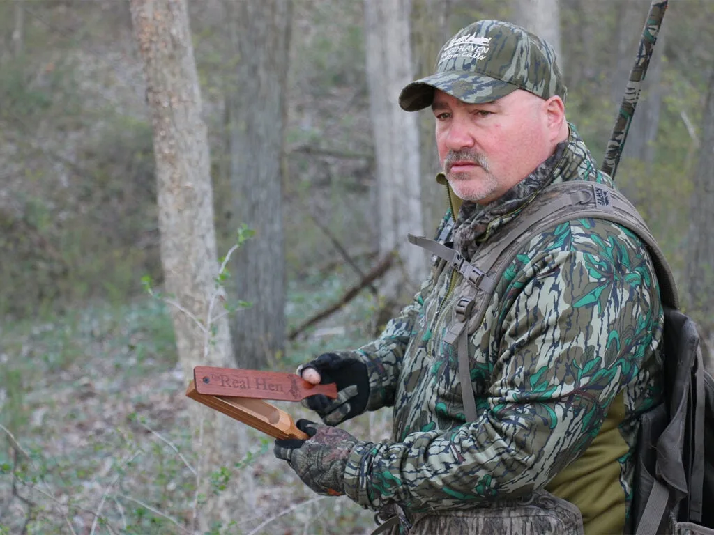 Woodhaven pro and champion caller Steve Stoltz yelps softly with a box call.