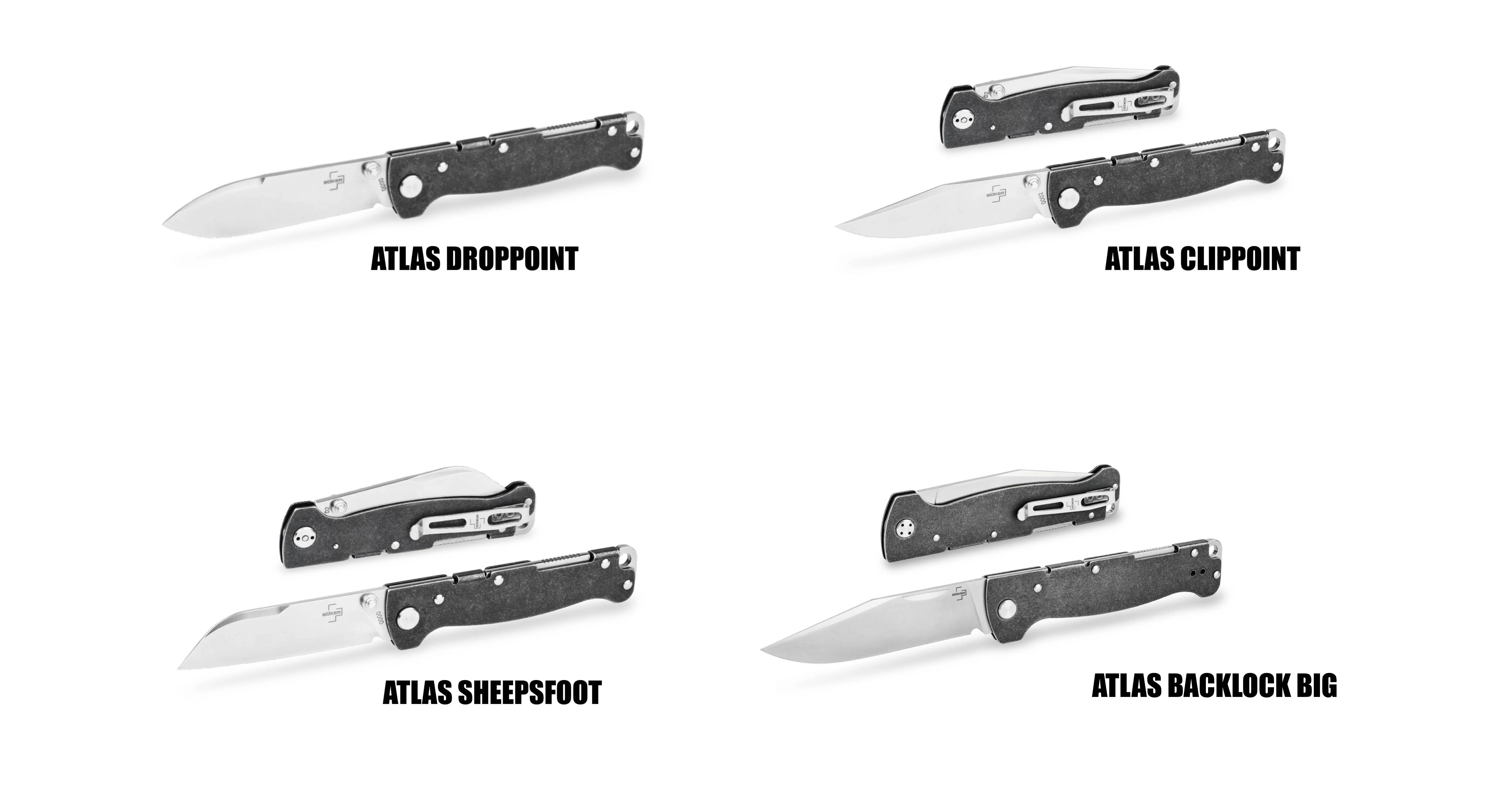 Four versions of the new Boker Atlas knife on a white background.