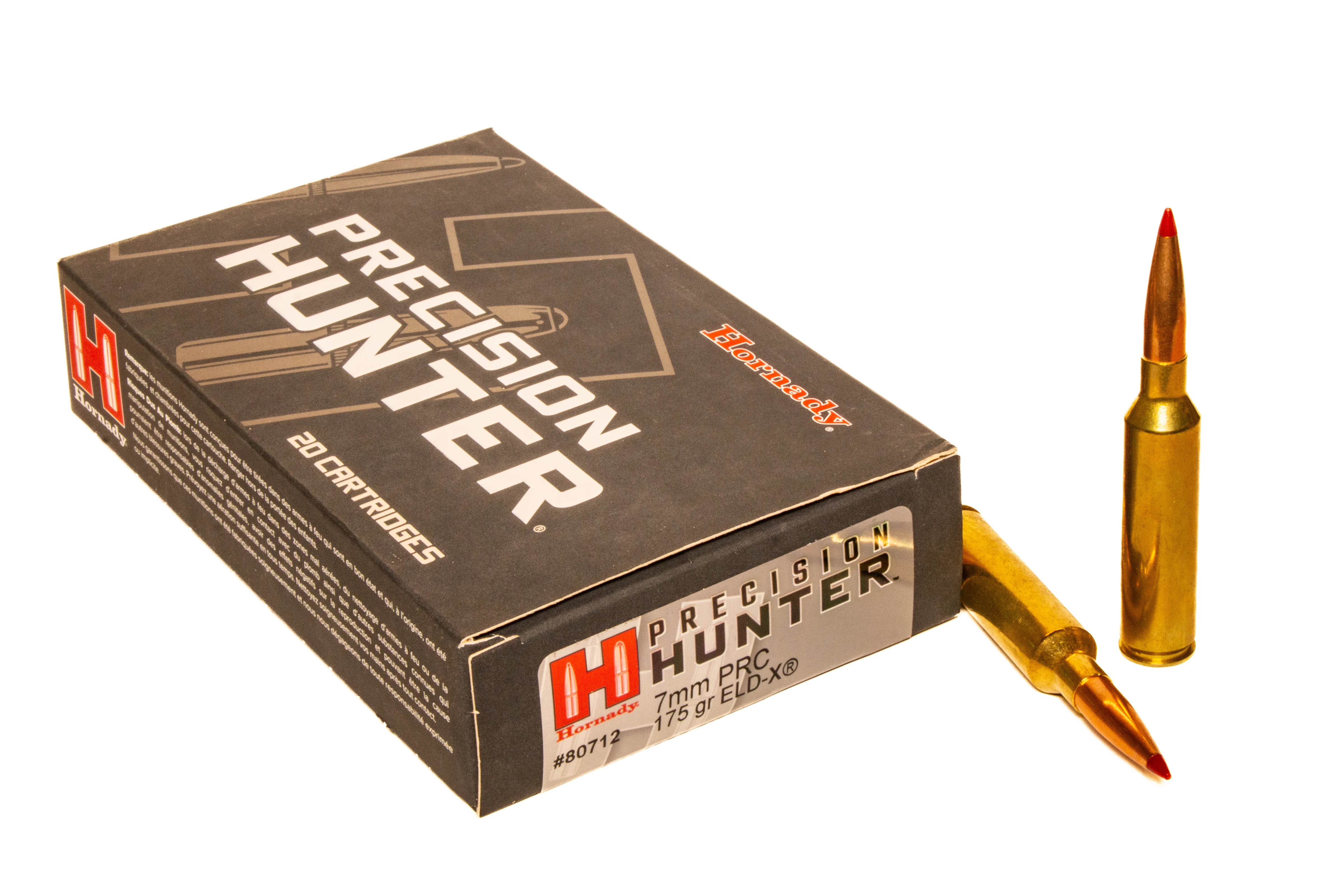 Hornady 7mm PRC Precision Hunter ammo on a white background.