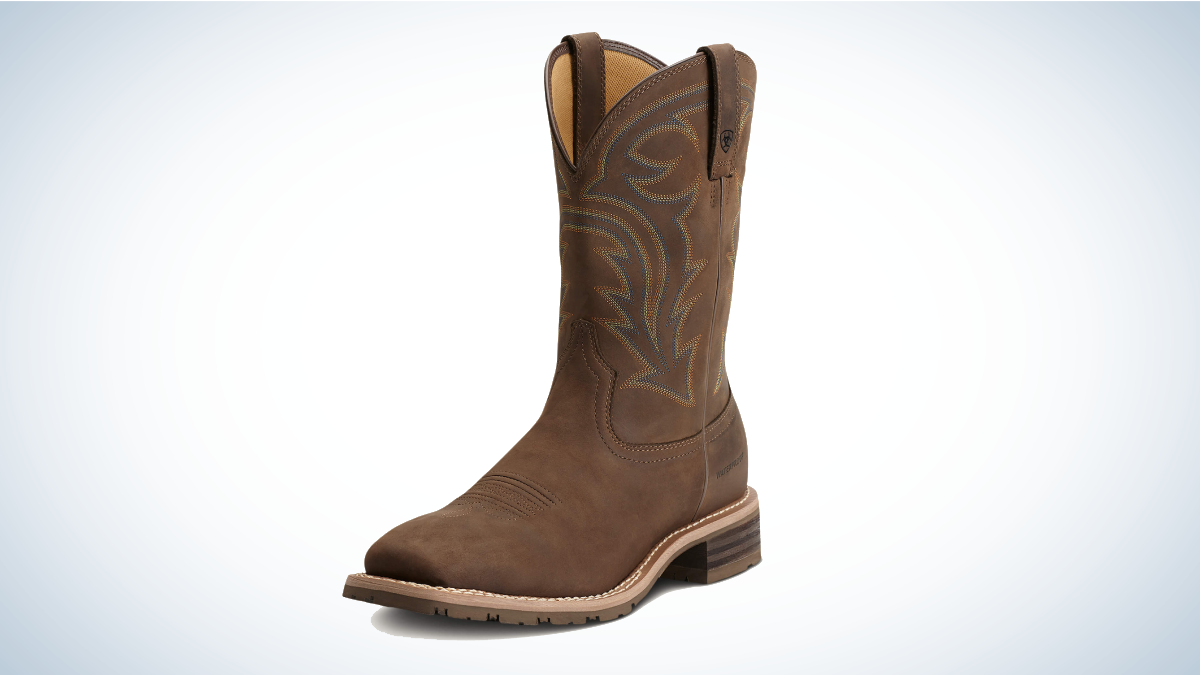 Ariat Hybrid Rancher Waterproof Western Boot on gray and white background