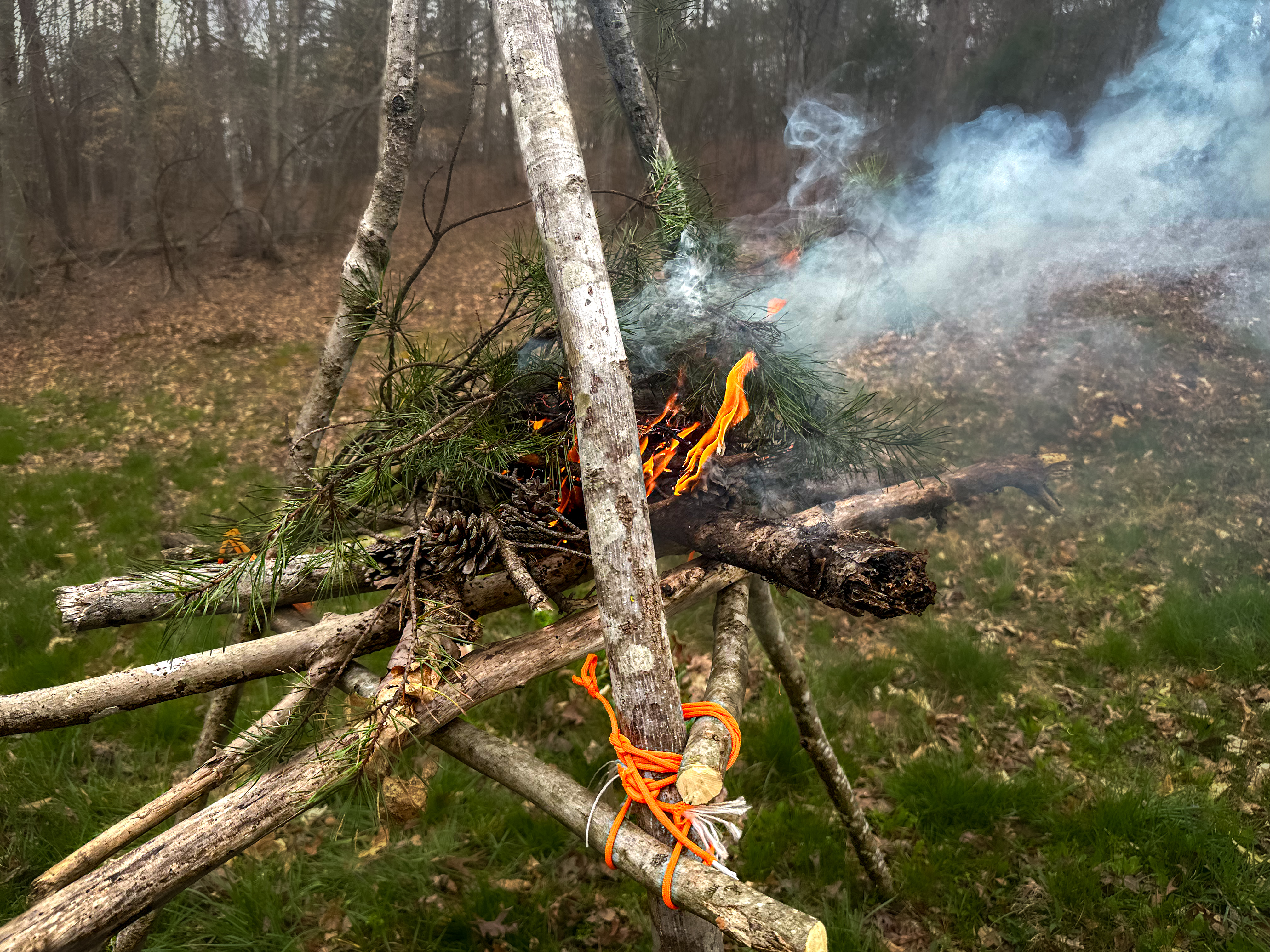 A survival signal fire made of wood burns in a field