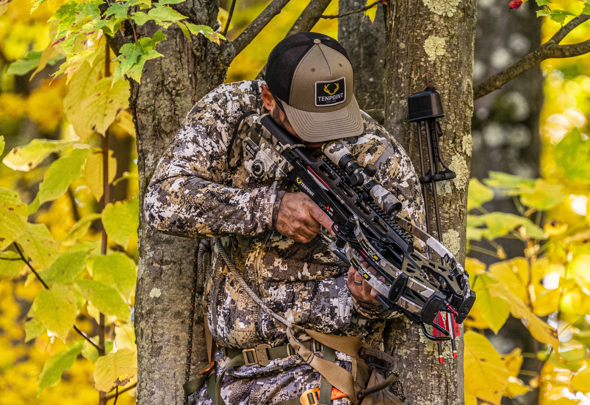 A hunter aims a crossbow from a tree stand in the woods. 
