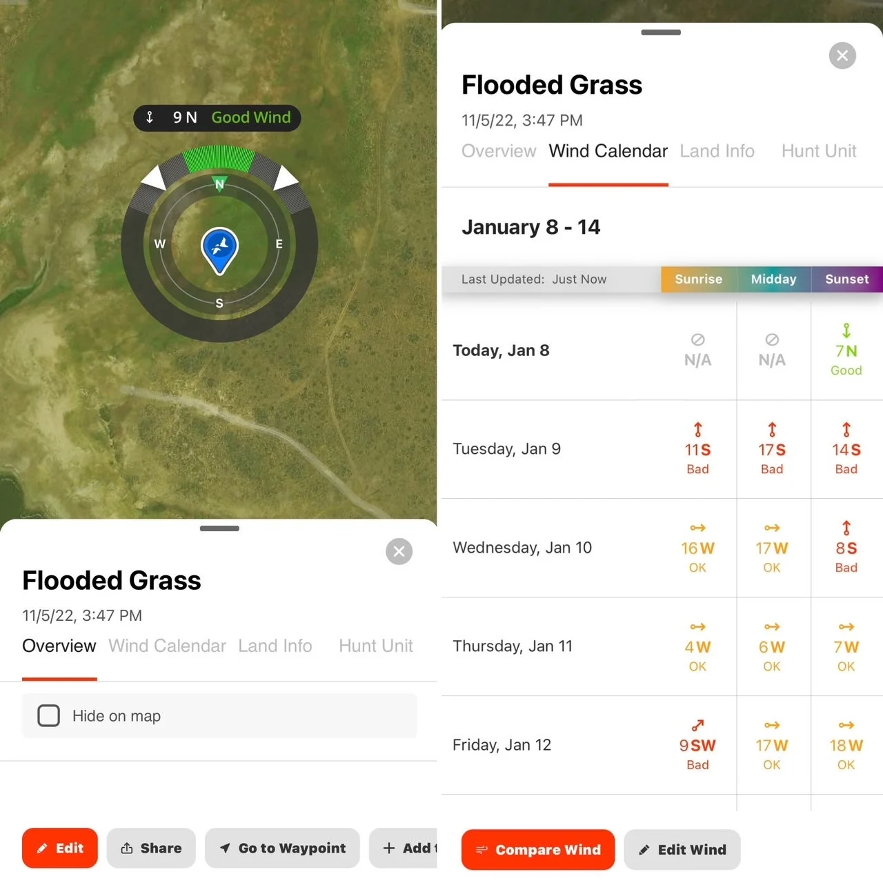 screenshot of onX wind direction