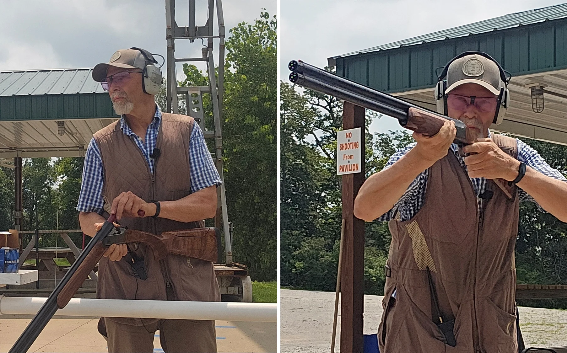 A shooter tests the new Blaser F16 Pro Sporting shotgun at a five stand station. 