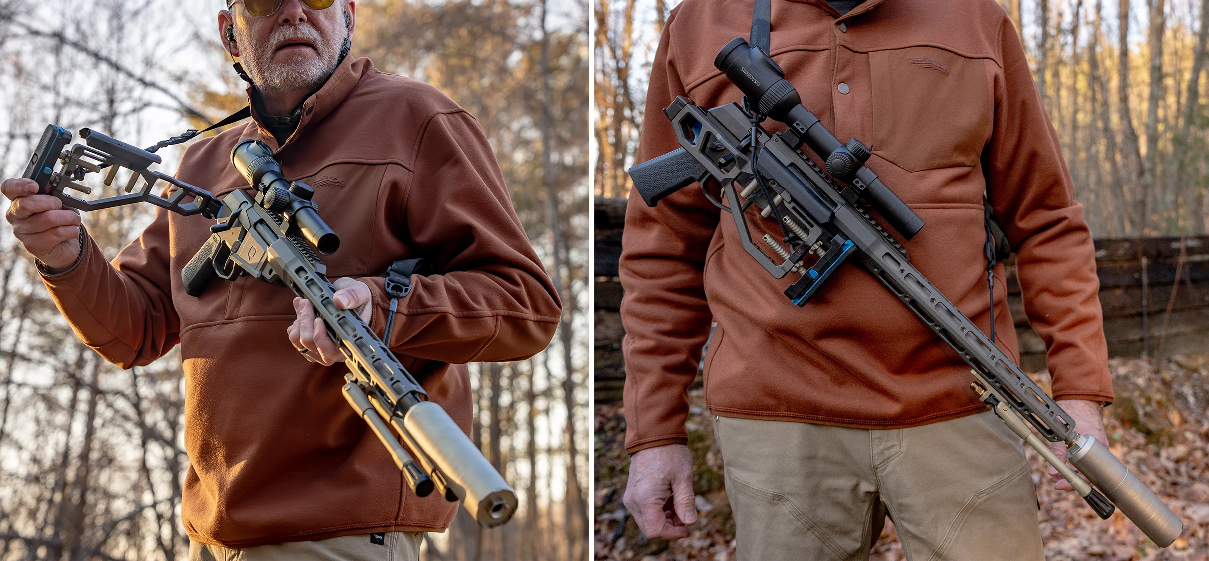 A shooter folds the stock of the new Q Fix rifle and carries is slung near his chest. 