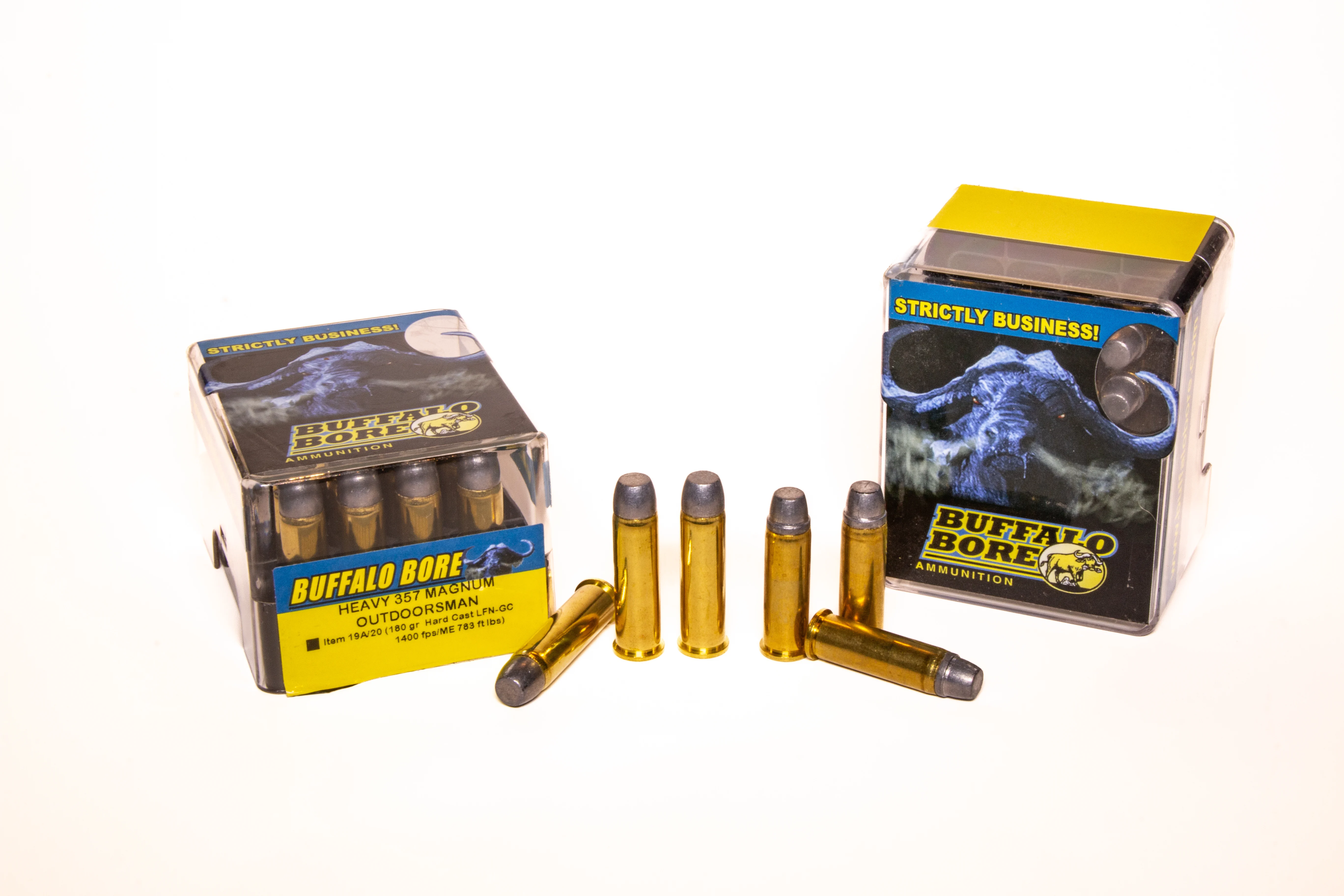 Buffalo Bore Ourdoorsman loads for the 357 Magnum and 38 Special on white background. 
