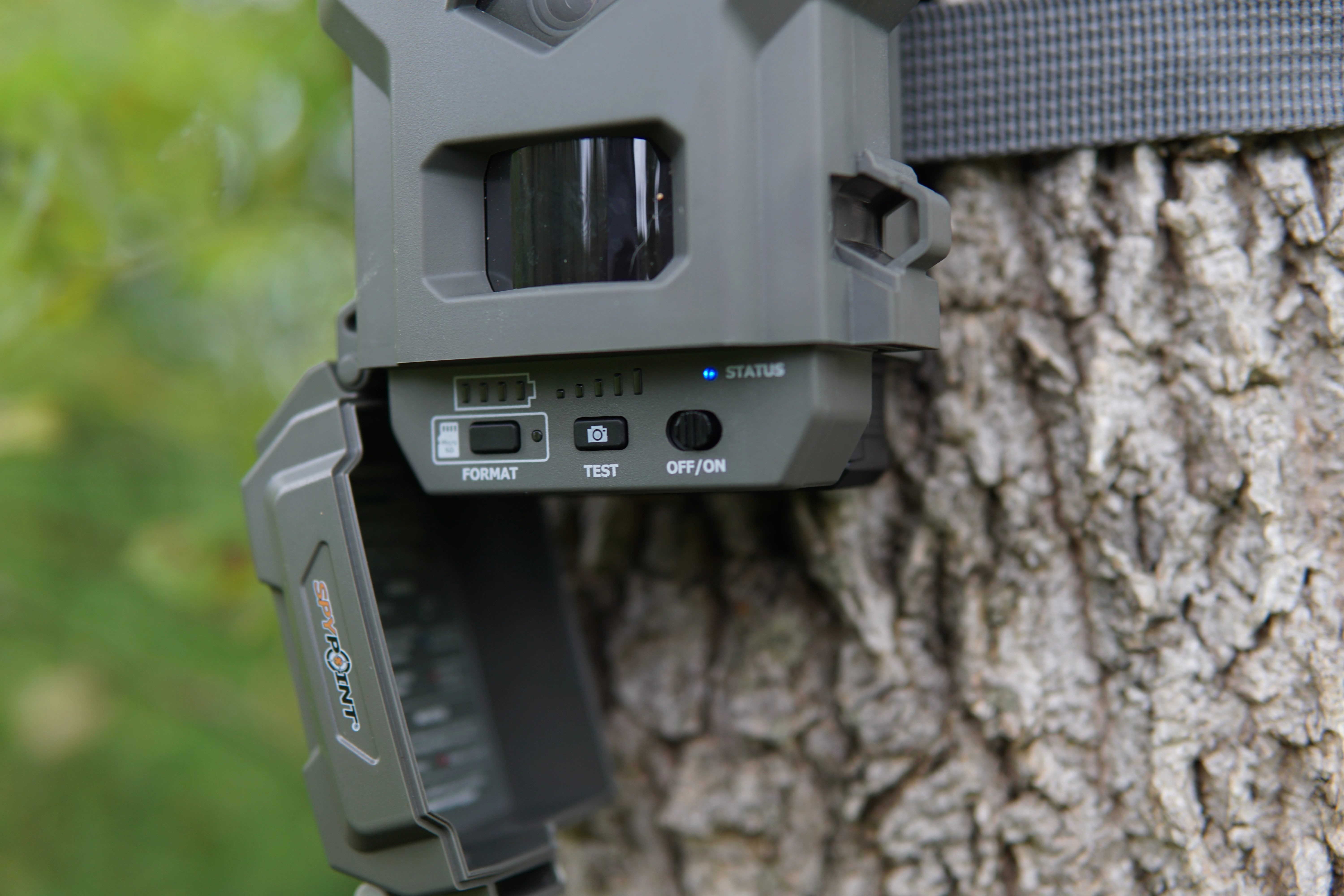 Closeup photo of the controls on the new Spypoint Flex-M cellular trail camera.