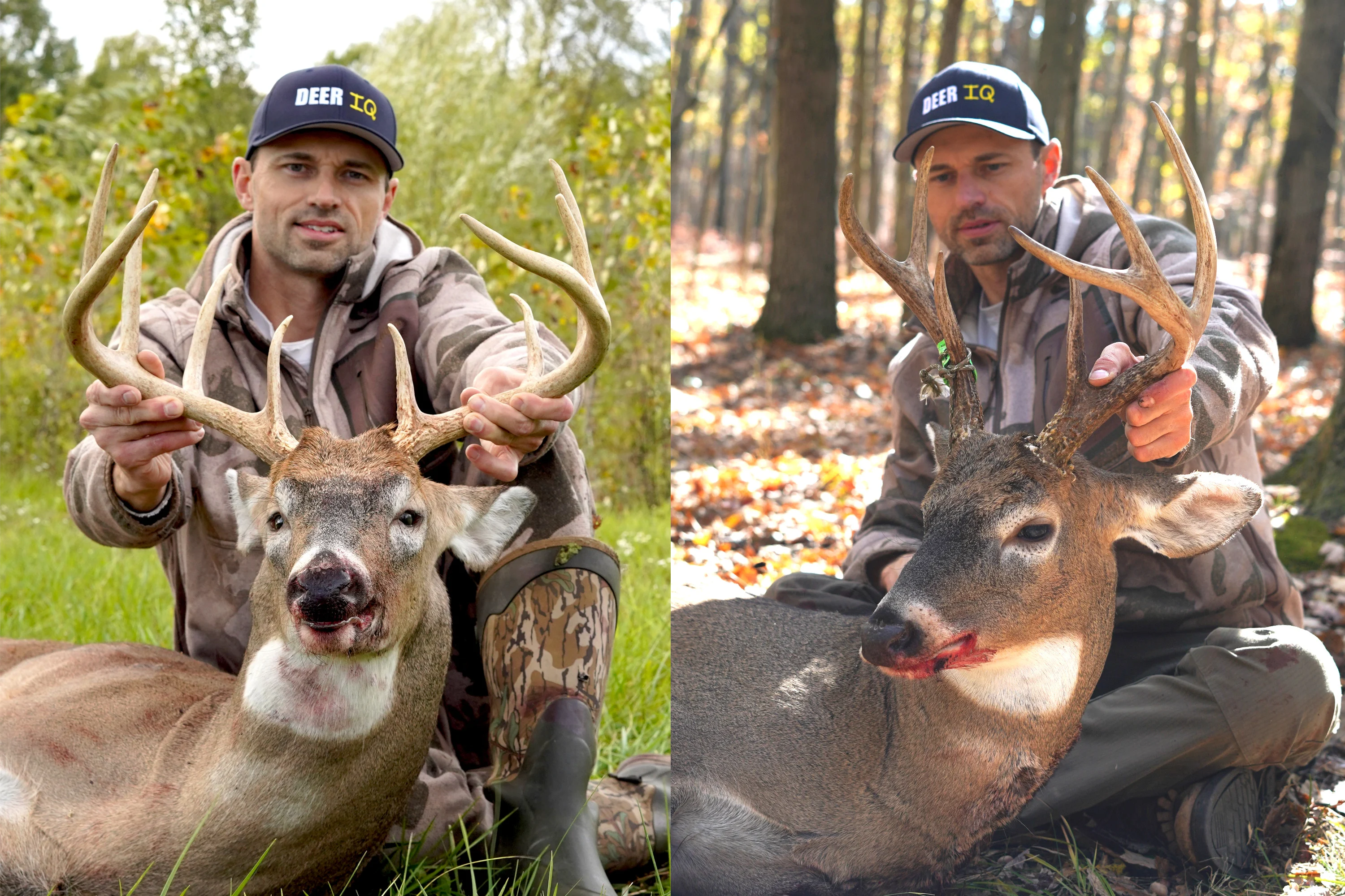 Two photos of a hunter posing with whitetail deer. 