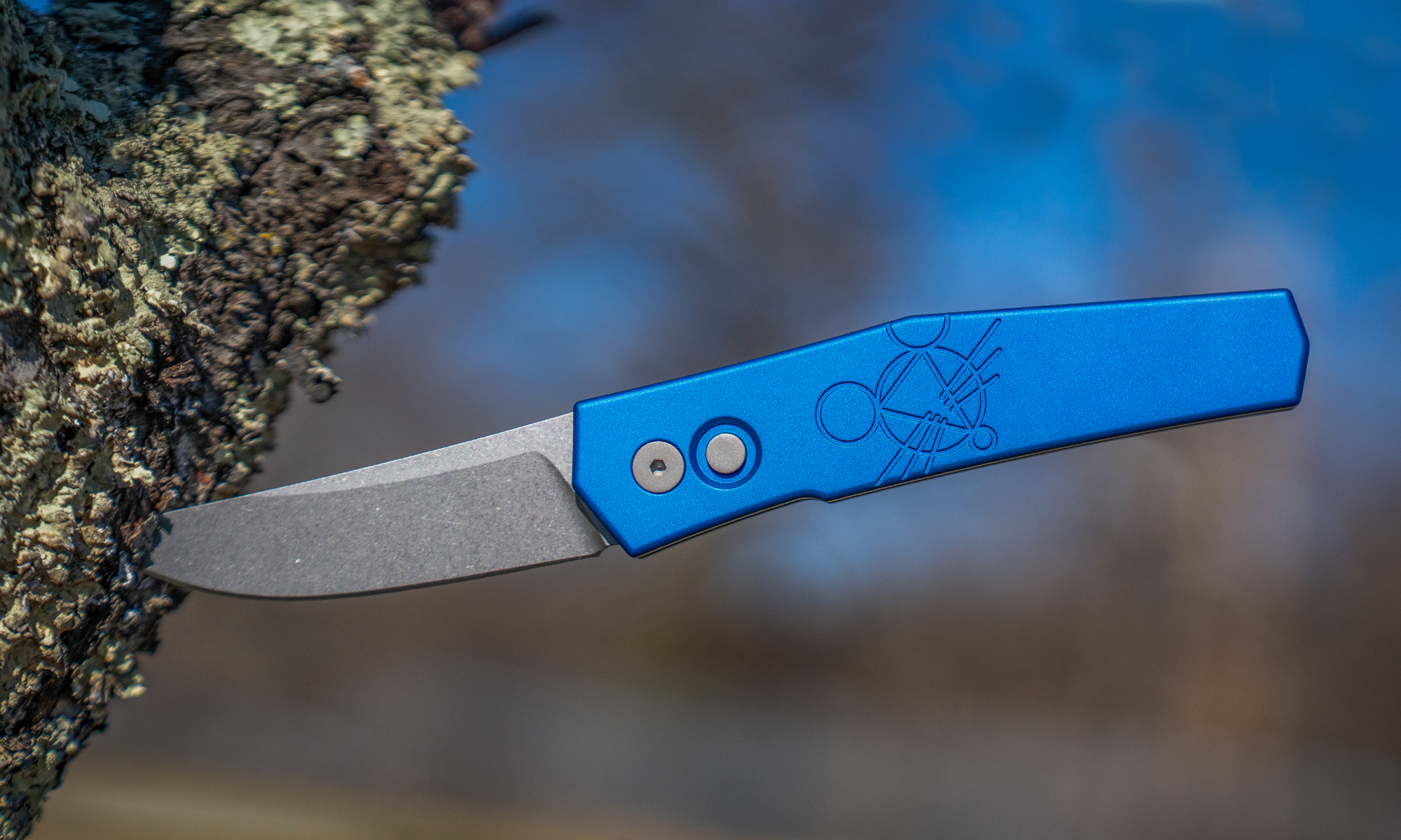 A blue folding knife with its point embedded in a tree trunk. 