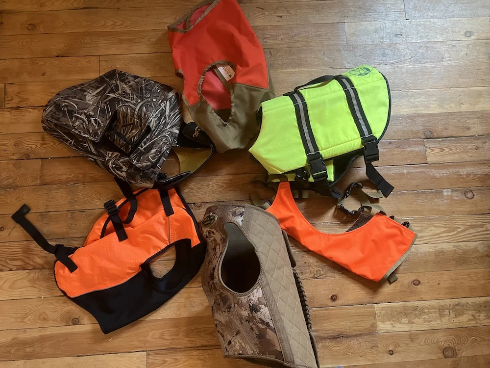 Variety of hunting dog vests during testing