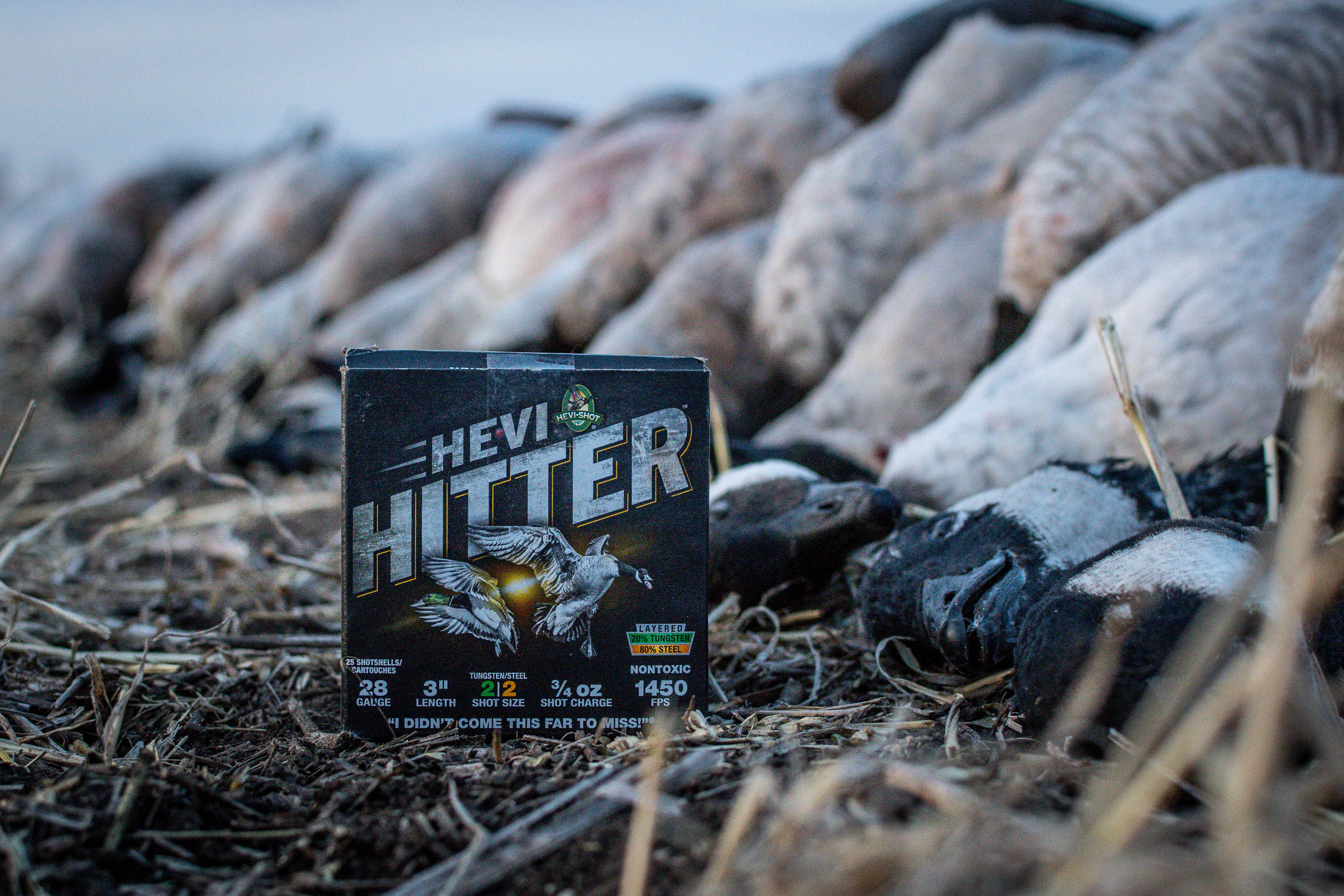 HeviShot HeviHitter box of ammo next to pile of geese