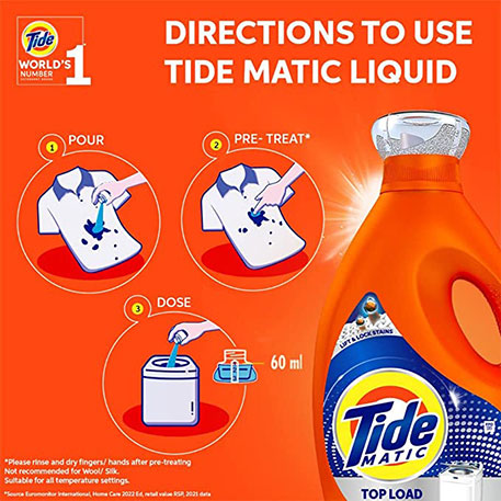 Directions to use Tide Matic Top Load Liquid, pour, pre-treat and dose