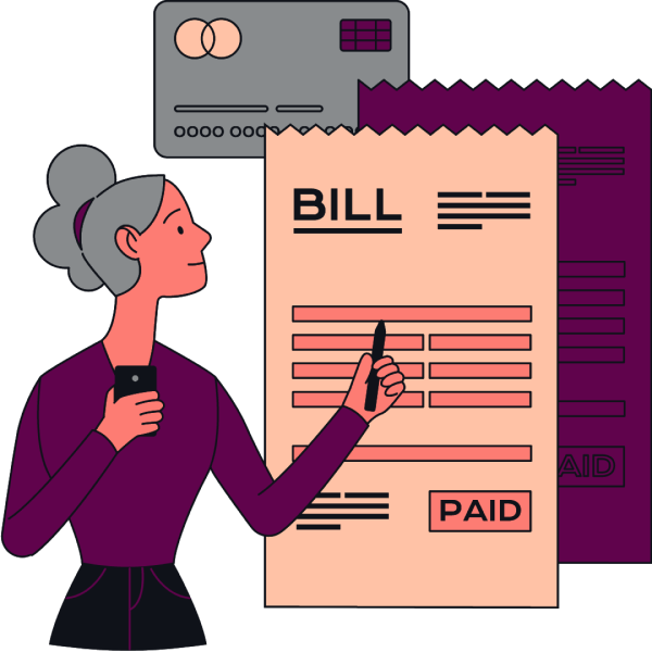Woman holding a phone and looking at two bills in front of her, as well as a credit card