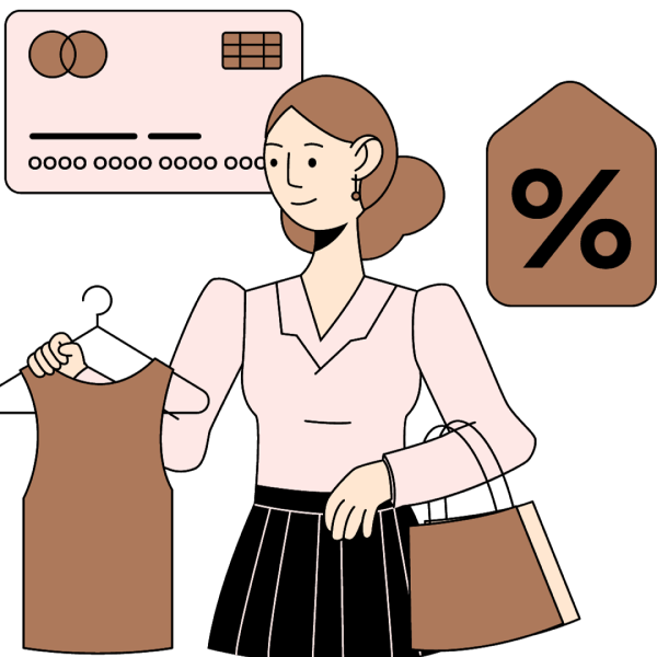 Woman looking at clothes with a discount sign and a card in the background