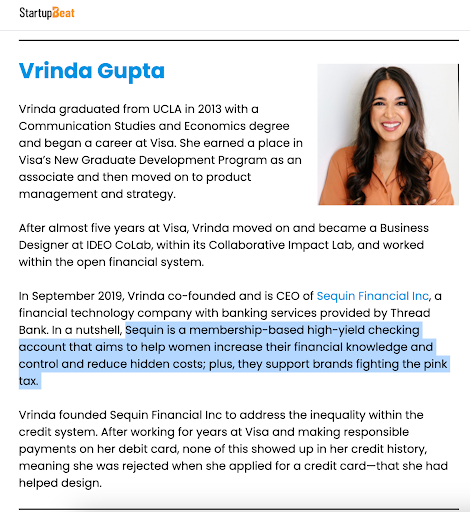 An article published by StartupBeat about Vrinda Gupta and Sequin