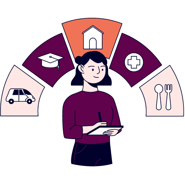 Woman looking at notepad with pen in hand. Above her, different sections showing a car, graduation hat, house, medical care cross, and cutlery.