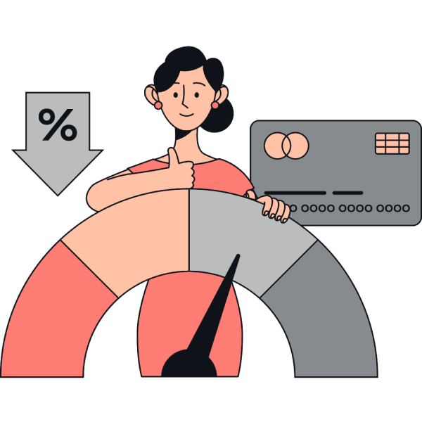 Woman with a credit score rating scale in front of her, with a credit card and an arrow with a percentage sign behind her.