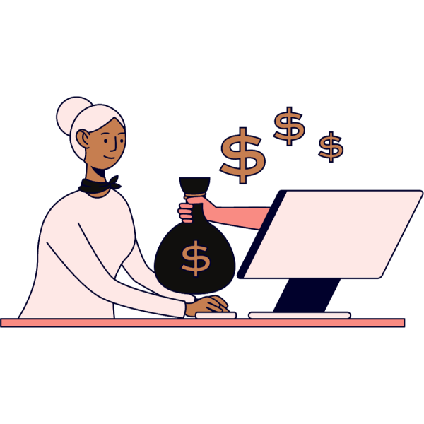 A woman sitting in front of a laptop. From the laptop, a hand emerges, offering her a bag full of money. Dollar signs float around the laptop.