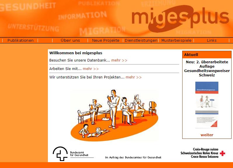 Die allererste Plattform migesplus.ch (Screenshot aus dem Jahr 2006, Internet Archive).