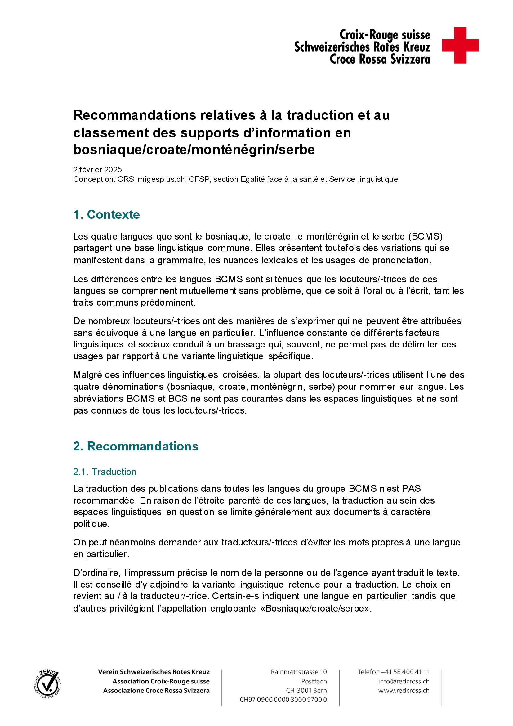 Titelbild Empfehlungen fuer die Uebersetzung und Klassifizierung von Bosnisch Kroatisch Serbisch FR