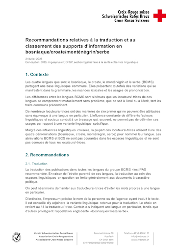 Titelbild Empfehlungen fuer die Uebersetzung und Klassifizierung von Bosnisch Kroatisch Serbisch FR