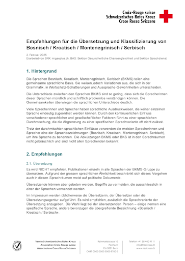 Titelbild Empfehlungen fuer die Uebersetzung und Klassifizierung von Bosnisch Kroatisch Serbisch DE