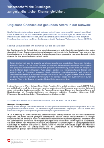 Titelbild Merkblatt Ungleiche Chancen auf gesundes Altern in der Schweiz deutsch